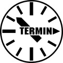 Die Grafik zeigt eine Uhr mit dem Schriftzug "Termin".